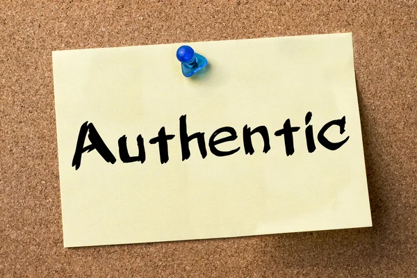 Authentic - adhesive label pinned on bulletin board — Stock Photo, Image