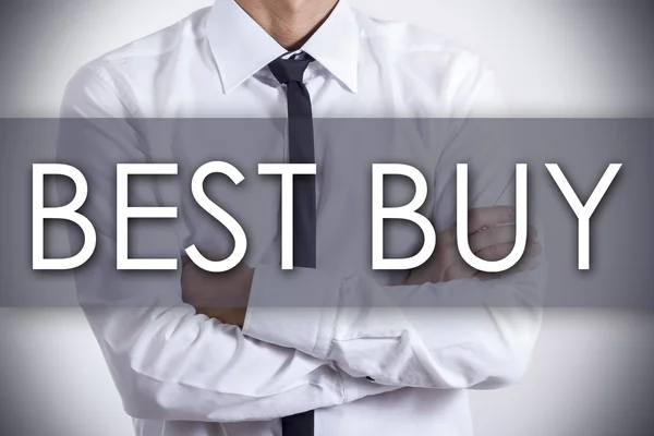 Best buy - Jungunternehmer mit Text - Geschäftskonzept — Stockfoto