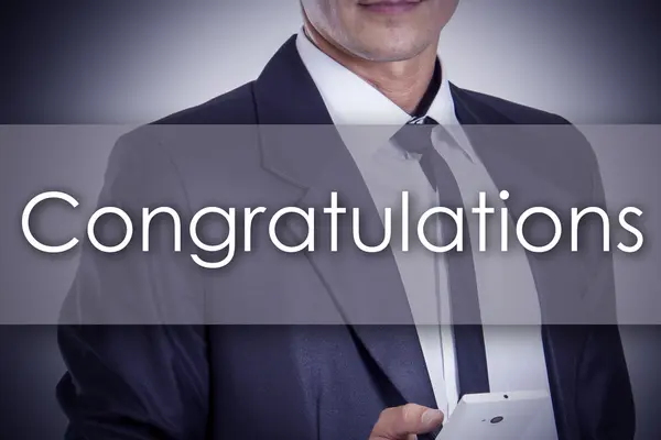 Congratulations - Young businessman with text - business concept — Stock Photo, Image