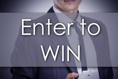 Win - metin ile genç işadamı - iş kavramı için girin