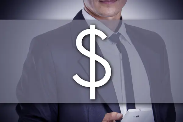 Знак доллара - Молодой бизнесмен с текстовой - бизнес-концепцией — стоковое фото