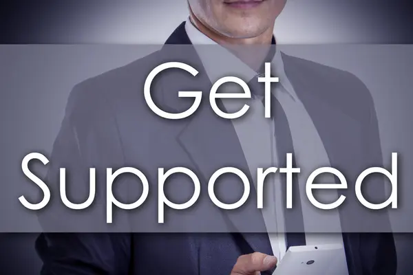 Get Supported - Jeune homme d'affaires avec texte - concept d'entreprise — Photo