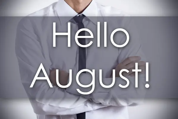 Hallo augustus! -Jonge zakenman met tekst - bedrijfsconcept — Stockfoto