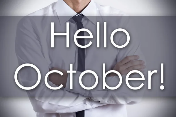 Halo Oktober! Pengusaha muda dengan teks konsep bisnis — Stok Foto