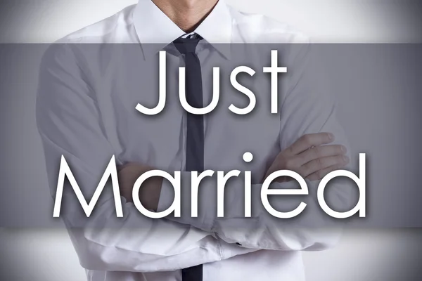Just Married - Jovem empresário com texto - conceito de negócio — Fotografia de Stock