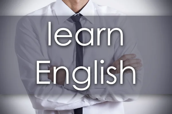 Aprender inglés - Joven hombre de negocios con texto - concepto de negocio —  Fotos de Stock