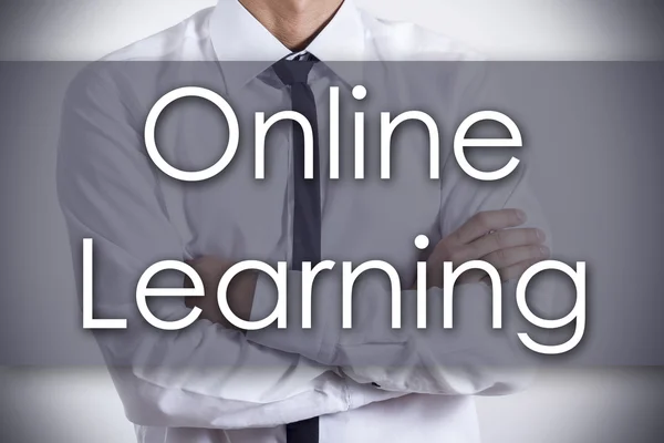 Online tanulás - fiatal üzletember szöveggel - üzleti koncepció — Stock Fotó