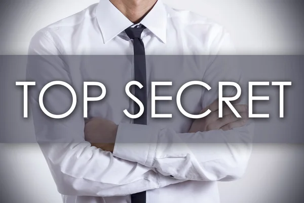 TOP SECRET - Jovem empresário com texto - conceito de negócio — Fotografia de Stock