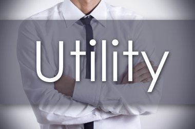 Yardımcı programı - metin ile genç işadamı - iş kavramı