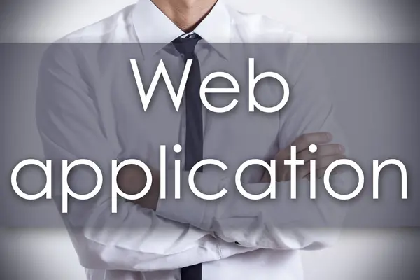 Web application - jonge zakenman met tekst - bedrijfsconcept — Stockfoto