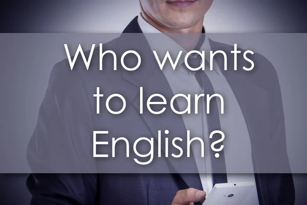 누가 영어를 배우고 싶어? -텍스트-busi 젊은 사업가 — 스톡 사진