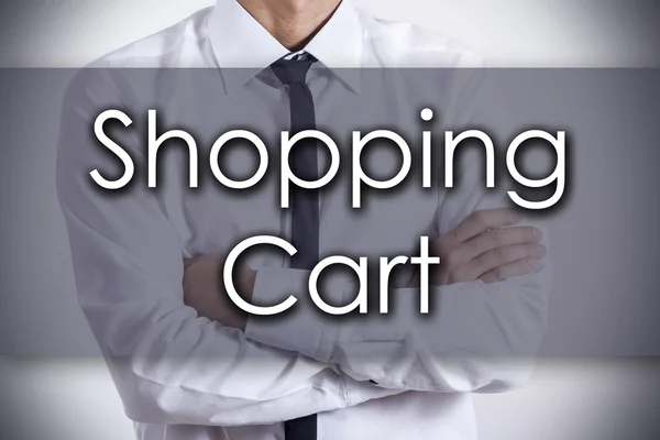 Shopping Cart - jonge zakenman met tekst - bedrijfsconcept — Stockfoto