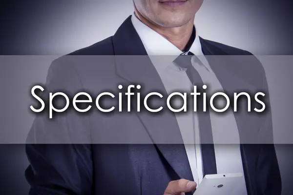 Specifications - Young businessman with text - business concept — Stock Photo, Image