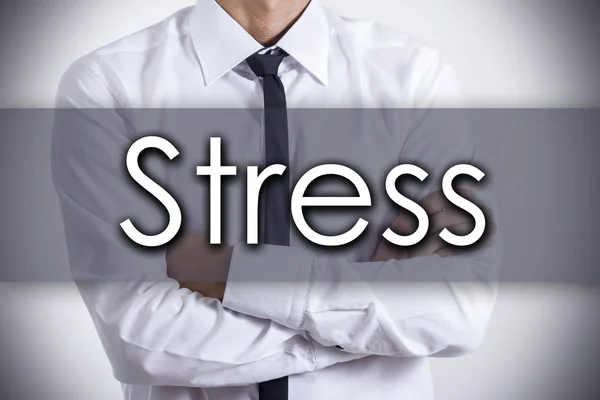 Stress - ung affärsman med text - affärsidé — Stockfoto
