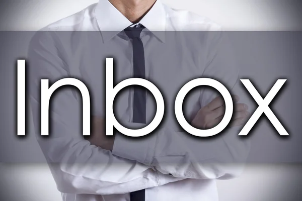 Inbox - jonge zakenman met tekst - bedrijfsconcept — Stockfoto