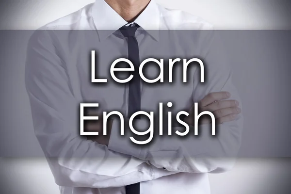 Aprender inglés - Joven hombre de negocios con texto - concepto de negocio —  Fotos de Stock