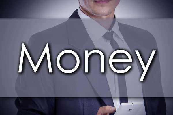 Pieniądze - młody biznesmen z tekstem - koncepcja biznesowa — Zdjęcie stockowe