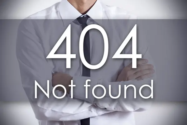 404 Não encontrado - Jovem empresário com texto - conceito de negócio — Fotografia de Stock