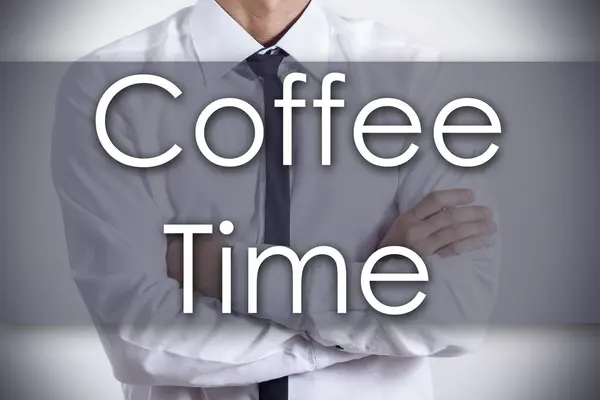 Koffie tijd - jonge zakenman met tekst - bedrijfsconcept — Stockfoto