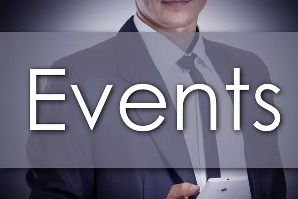 Events - Young businessman with text - business concept — Stock Photo, Image