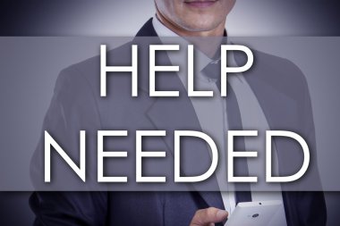 Gerekli yardım - metin ile genç işadamı - iş kavramı