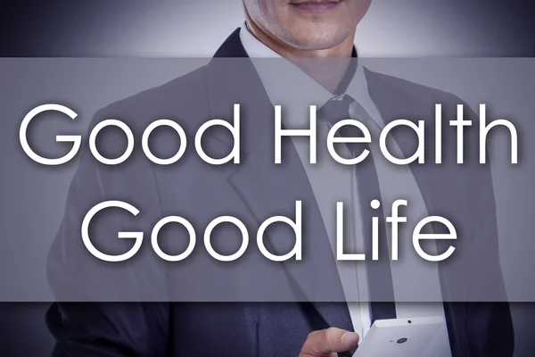 Goede gezondheid - Good Life - jonge zakenman met tekst - business — Stockfoto