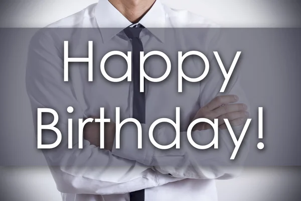 Joyeux anniversaire ! - Jeune homme d'affaires avec texte - concept d'entreprise — Photo