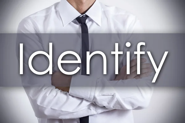 Identificar - Joven empresario con texto - concepto de negocio — Foto de Stock