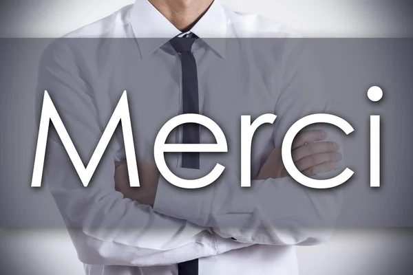 Merci - Joven empresario con texto - concepto de negocio — Foto de Stock