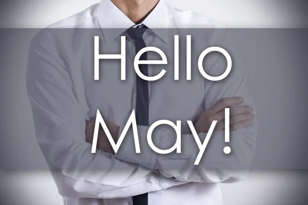 ¡Hola May! - Joven empresario con texto - concepto de negocio — Foto de Stock