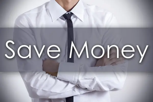Economize dinheiro - Jovem empresário com texto - conceito de negócio — Fotografia de Stock