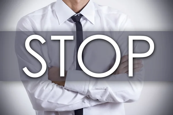 STOP - Joven empresario con texto - concepto de negocio — Foto de Stock