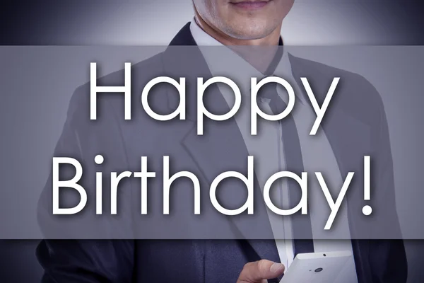 Joyeux anniversaire ! - Jeune homme d'affaires avec texte - concept d'entreprise — Photo