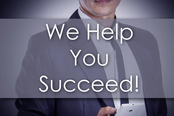 Wir helfen Ihnen, erfolgreich zu sein! - Jungunternehmer mit Text - Geschäftspartner — Stockfoto
