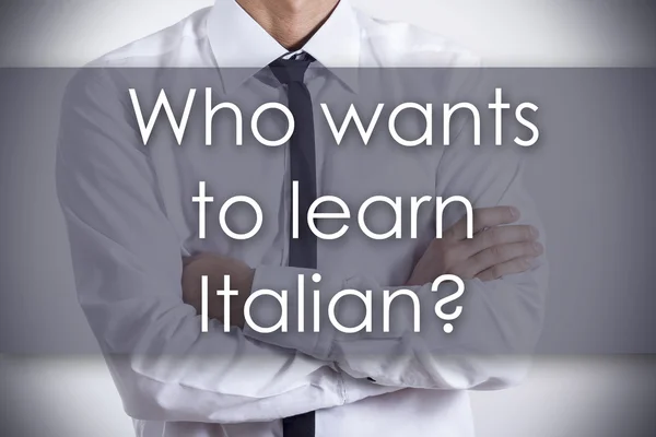 Хто хоче, щоб вивчити італійську? -Молодий підприємець з текстом - жінок # підприємиць пра — стокове фото