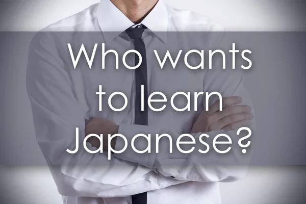 Who wants to learn Japanese? - Young businessman with text - bus — Stock Photo, Image