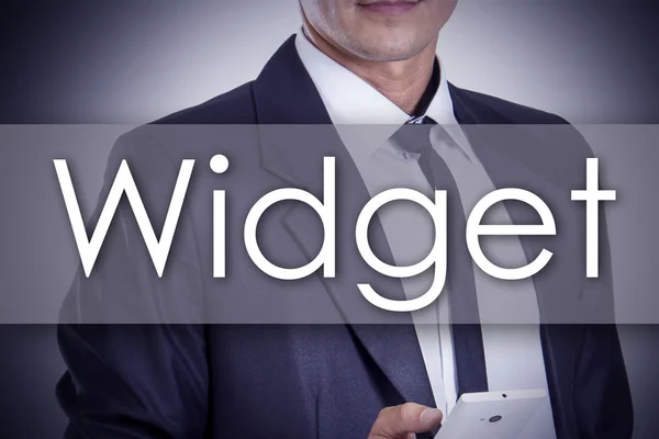 Widget - jonge zakenman met tekst - bedrijfsconcept — Stockfoto