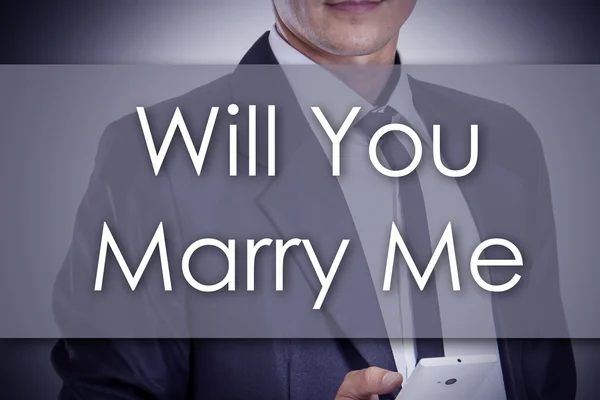 Will You Marry Me - Jovem empresário com texto - negócio conce — Fotografia de Stock