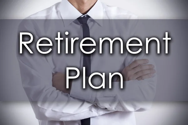Pensioen Plan - jonge zakenman met tekst - bedrijfsconcept — Stockfoto