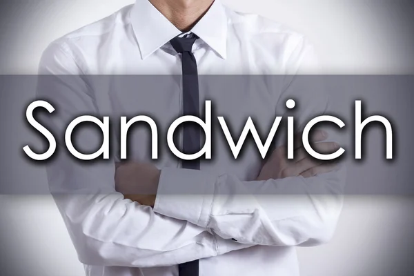 Koncepcja biznesowa Sandwich - młody biznesmen z tekstem- — Zdjęcie stockowe