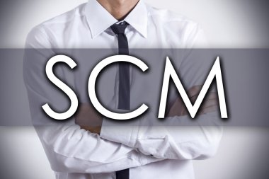 Tedarik zinciri yönetimi Scm - metin ile genç işadamı - busi