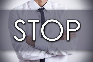 Dur - metin ile genç işadamı - iş kavramı