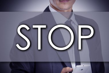 Dur - metin ile genç işadamı - iş kavramı