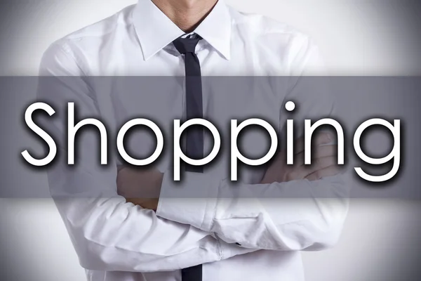 ショッピング - テキストと青年実業家のビジネス コンセプト — ストック写真