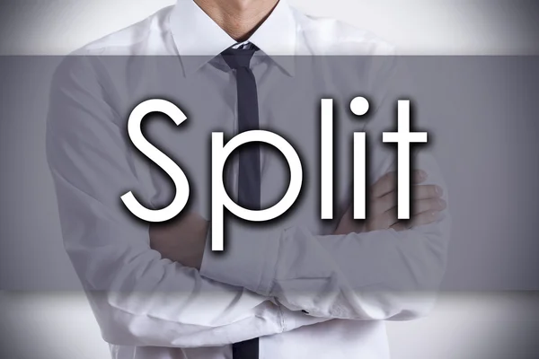 Split - ung affärsman med text - affärsidé — Stockfoto