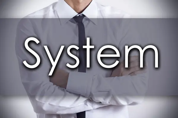 Systeem - jonge zakenman met tekst - bedrijfsconcept — Stockfoto