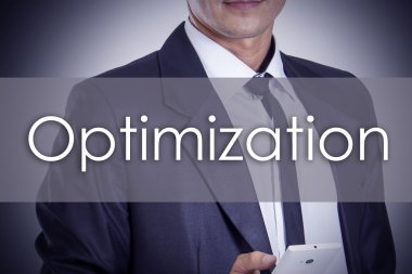 Optimizasyon - Metin ile genç işadamı - iş kavramı