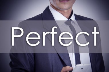 Mükemmel - metin ile genç işadamı - iş kavramı