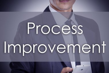 Süreç iyileştirme - metin ile genç işadamı - iş con