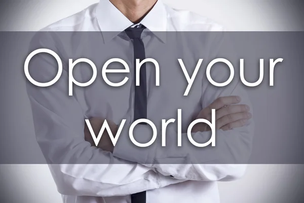 Open uw wereld-Young zakenman met tekst-business concept — Stockfoto